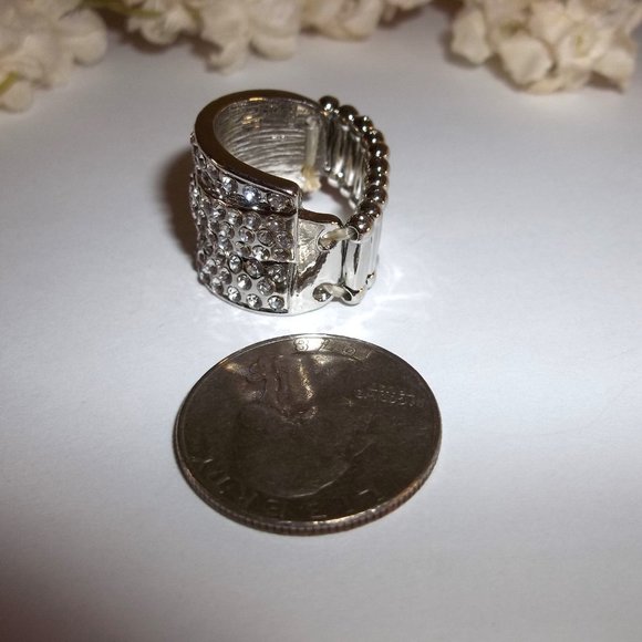 Silver Ring Costume Jewelry Faux White Diamond Rhinestone Stretch Band C241 - Picture 3 of 5